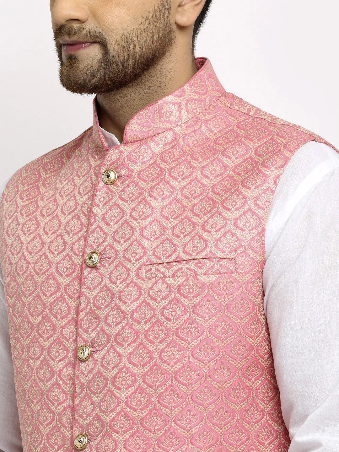 New Designer Men Pink and Golden Brocade Nehru Jacket With Golden Work By Treemoda