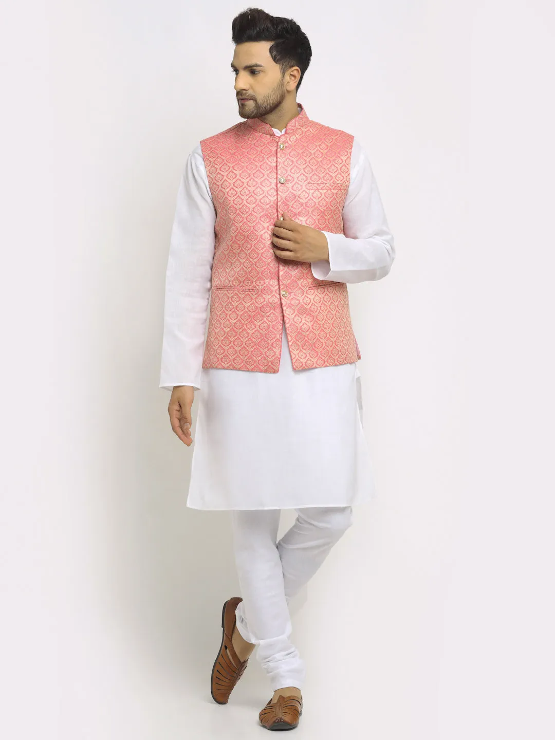 New Designer Men Pink and Golden Brocade Nehru Jacket With Golden Work By Treemoda