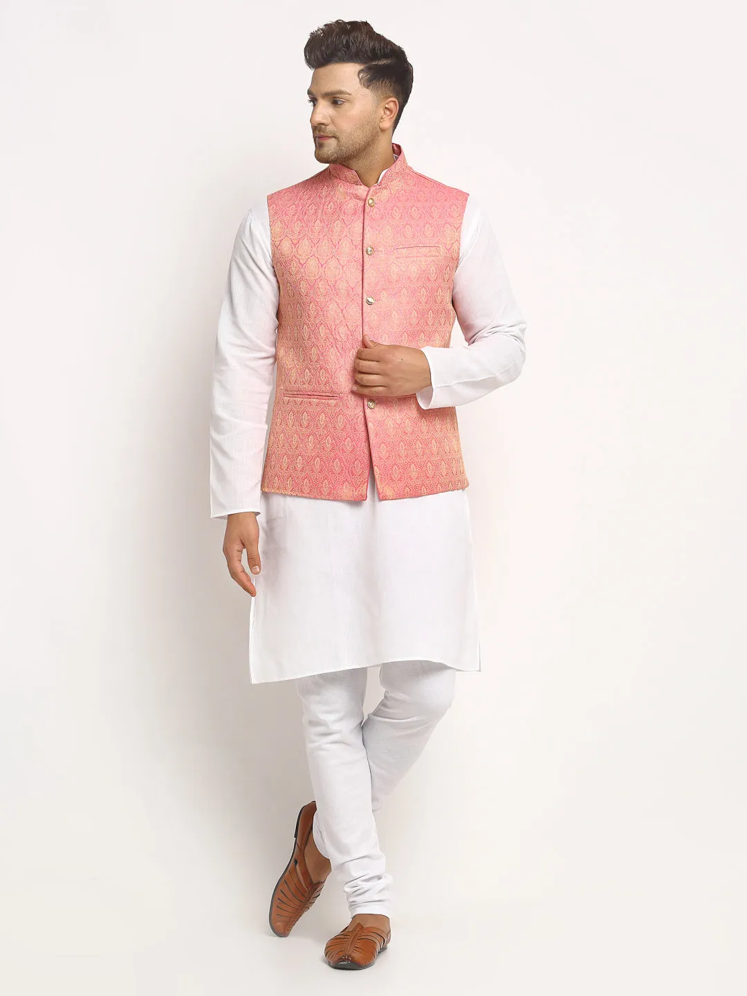 New Designer Men Pink Brocade Nehru Jacket With Golden Work By Treemoda