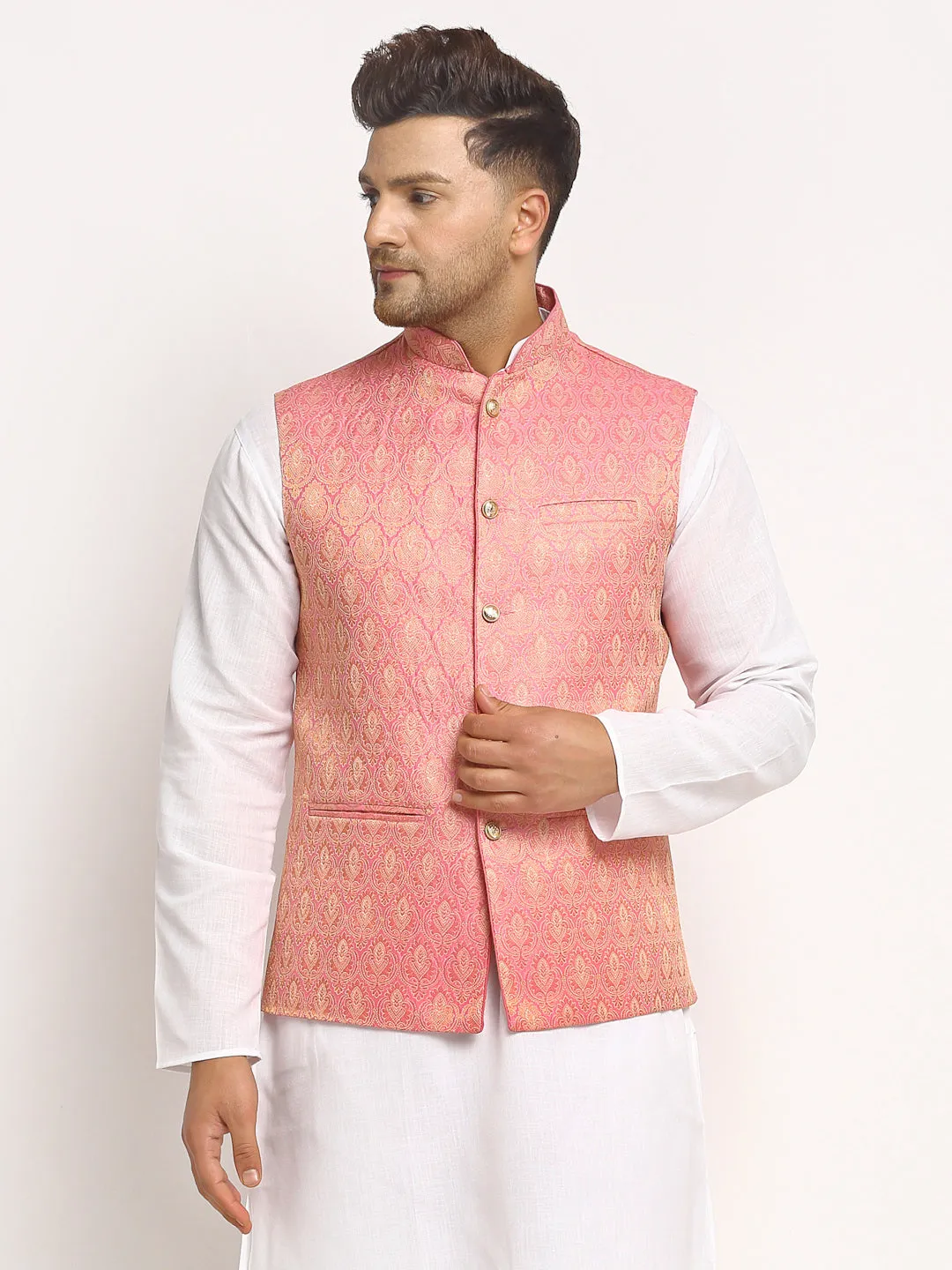 New Designer Men Pink Brocade Nehru Jacket With Golden Work By Treemoda