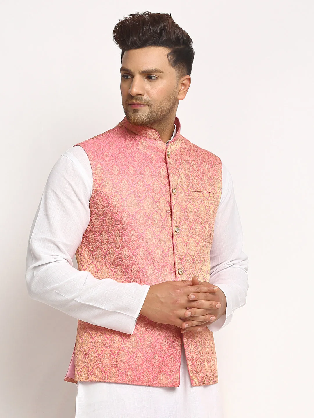 New Designer Men Pink Brocade Nehru Jacket With Golden Work By Treemoda