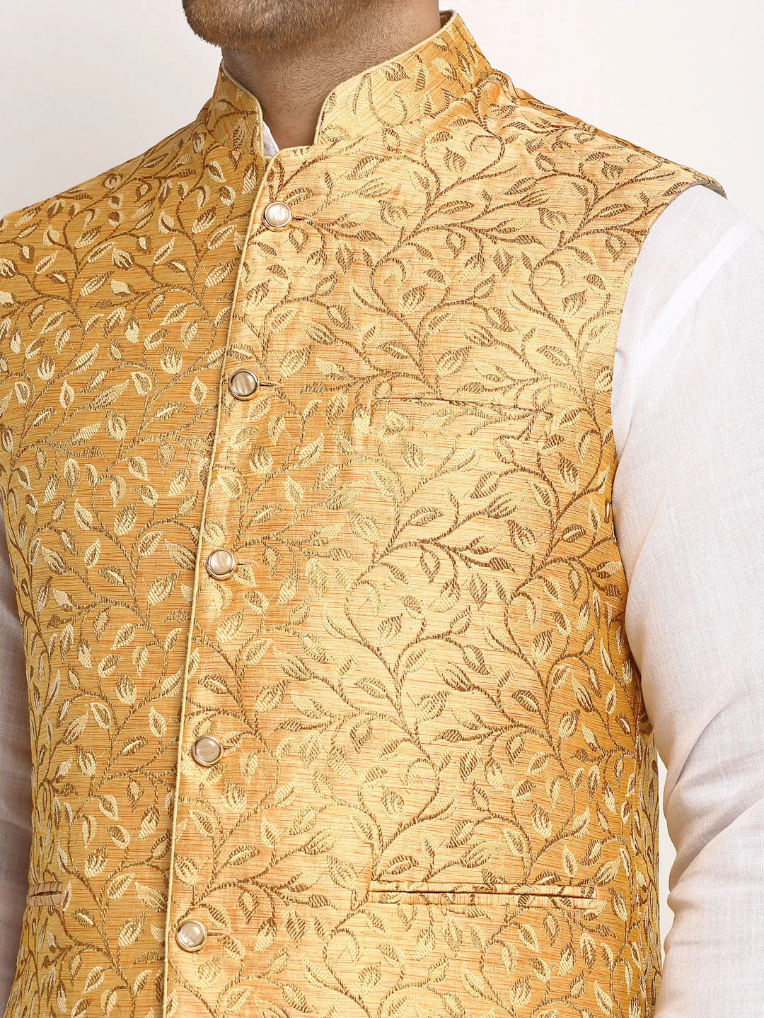 New Designer Men Rose Gold Brocade Nehru Jacket With Golden Work By Treemoda
