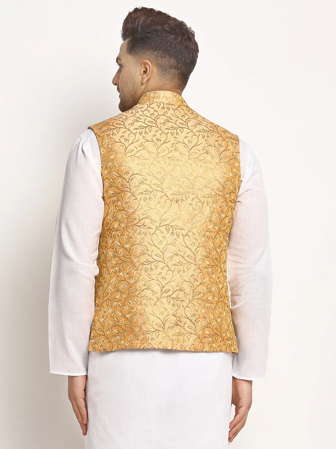 New Designer Men Rose Gold Brocade Nehru Jacket With Golden Work By Treemoda