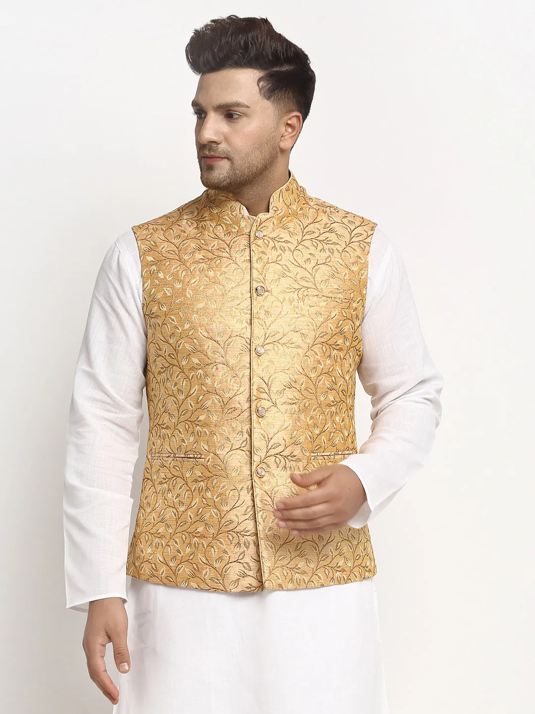 New Designer Men Rose Gold Brocade Nehru Jacket With Golden Work By Treemoda