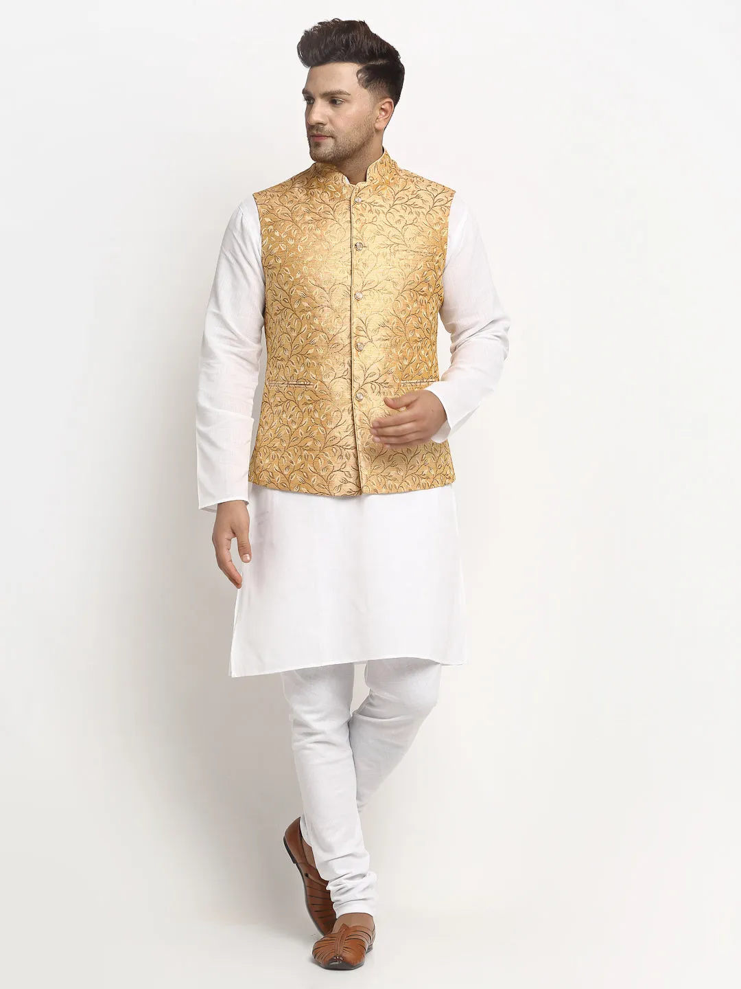 New Designer Men Rose Gold Brocade Nehru Jacket With Golden Work By Treemoda