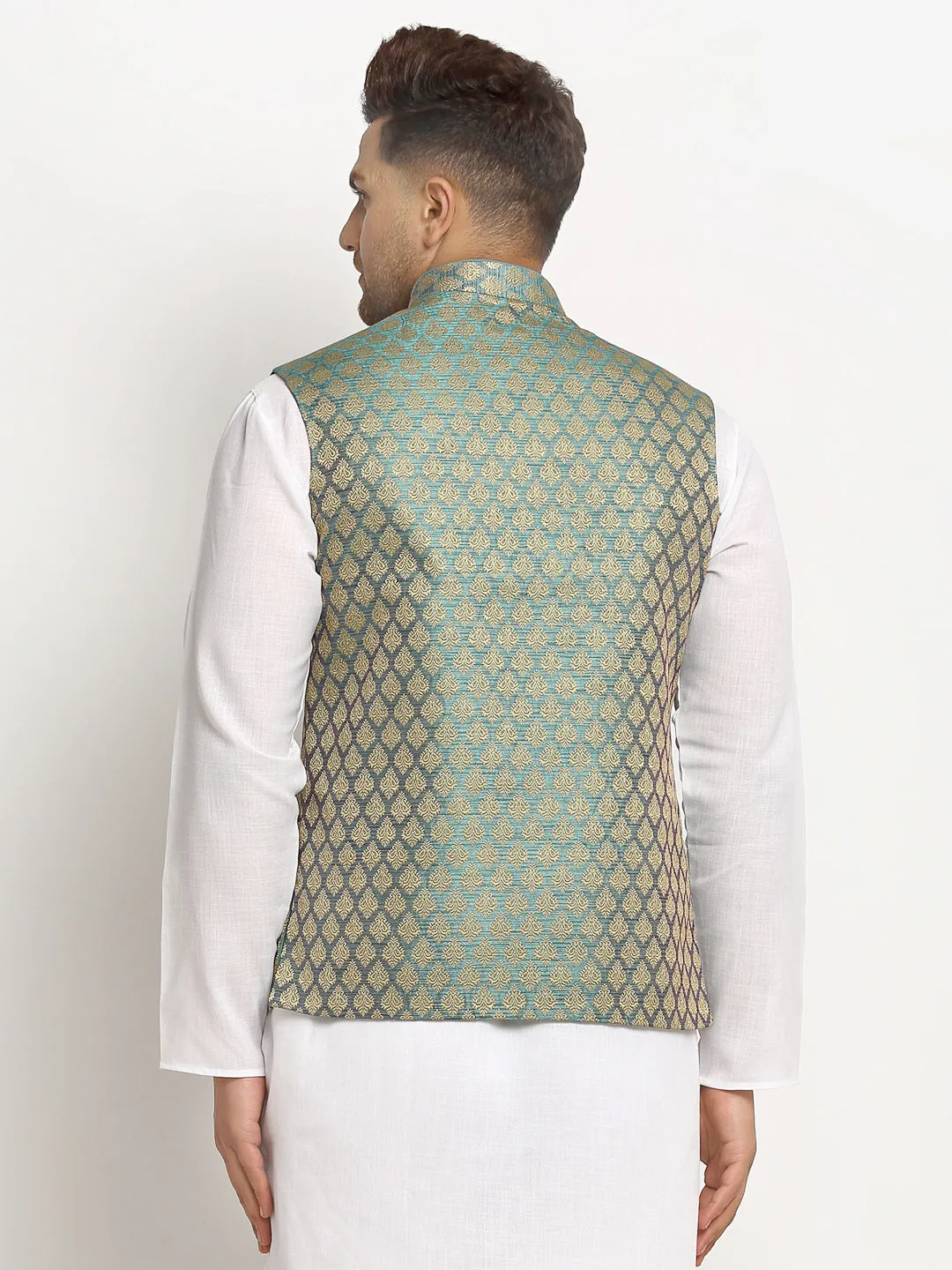 New Designer Men Sapphire Blue Brocade Nehru Jacket With Golden Work By Treemoda
