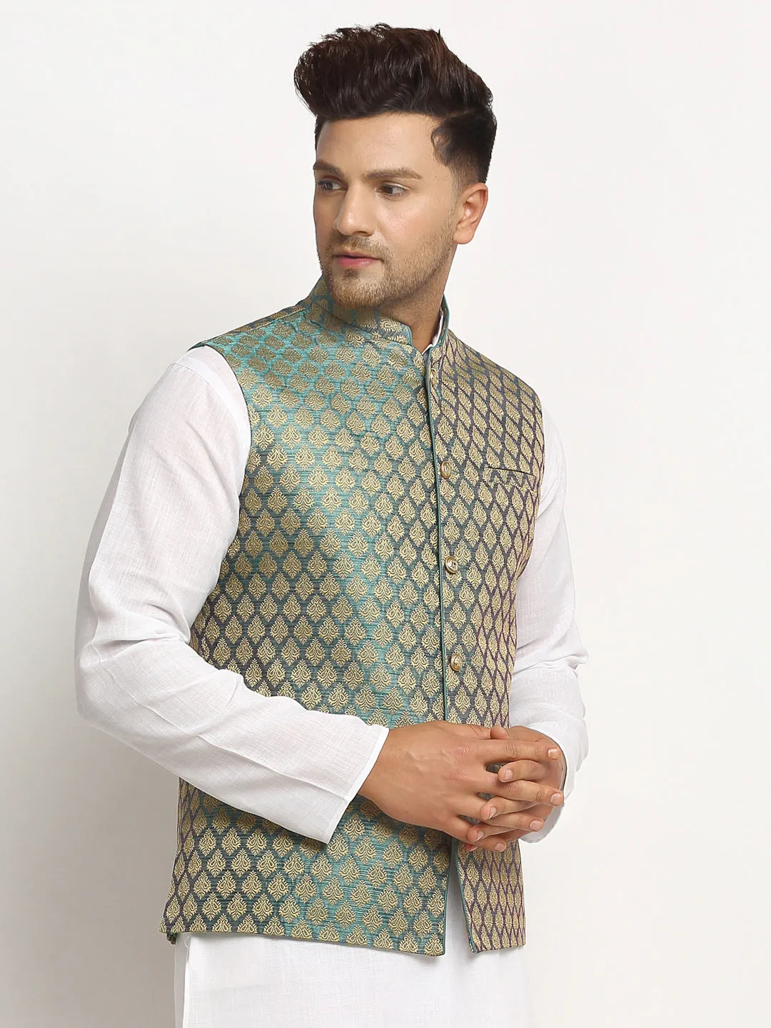 New Designer Men Sapphire Blue Brocade Nehru Jacket With Golden Work By Treemoda