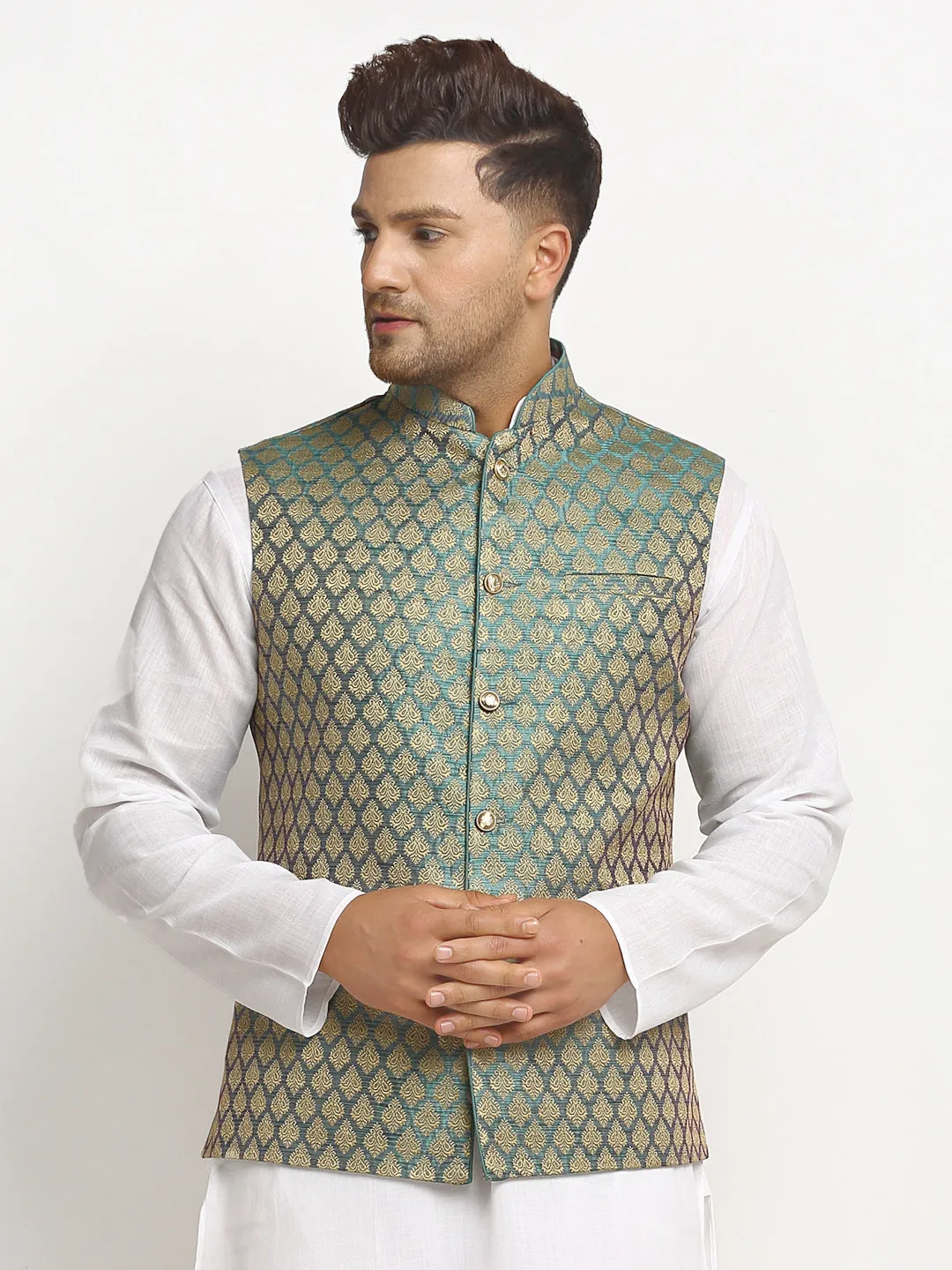 New Designer Men Sapphire Blue Brocade Nehru Jacket With Golden Work By Treemoda