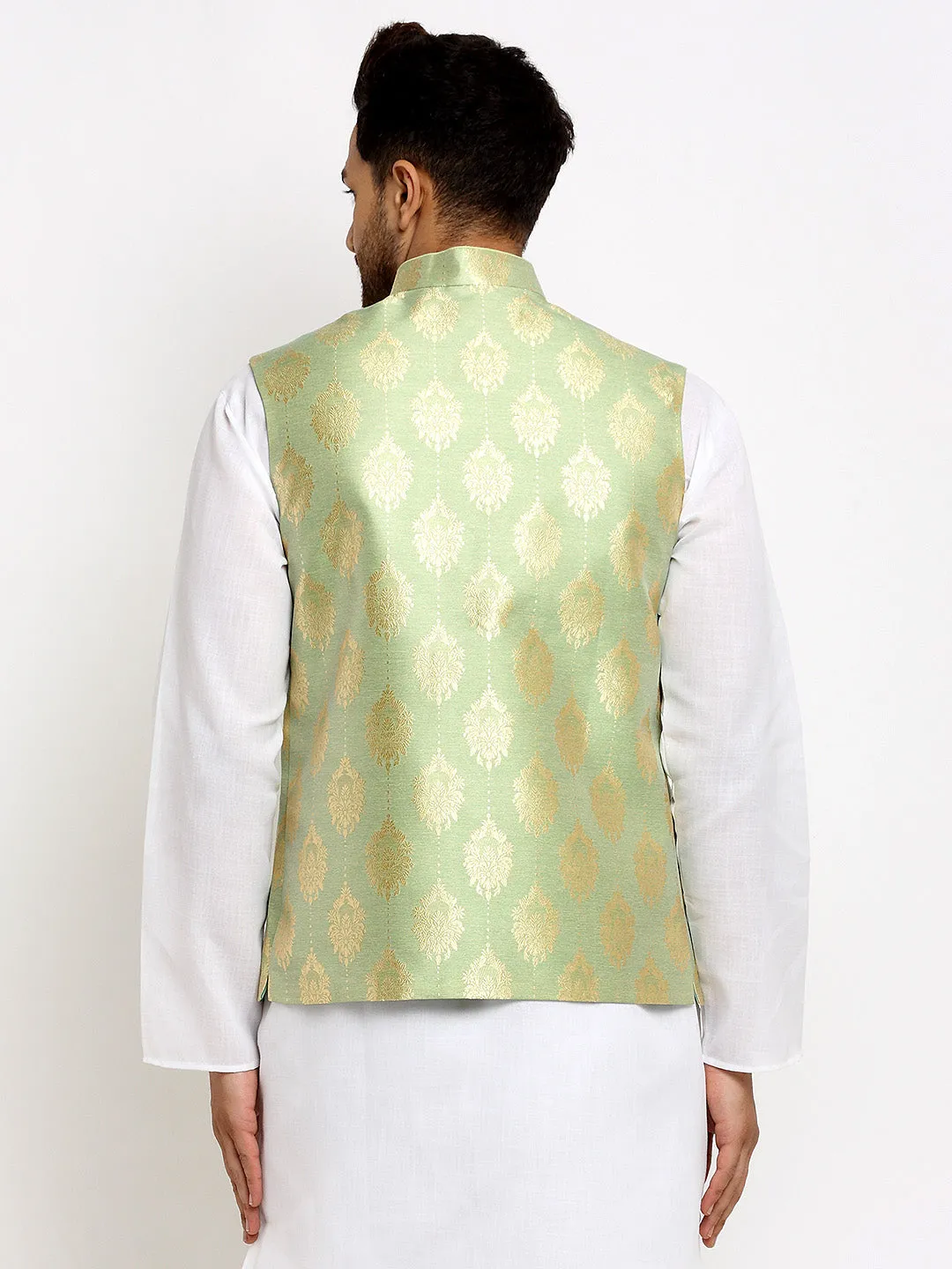 New Designer Men Tea  Green Brocade Nehru Jacket With Golden Work By Treemoda
