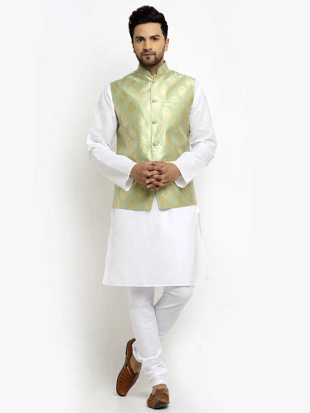 New Designer Men Tea  Green Brocade Nehru Jacket With Golden Work By Treemoda