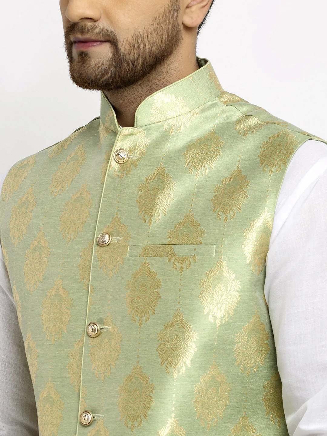 New Designer Men Tea  Green Brocade Nehru Jacket With Golden Work By Treemoda