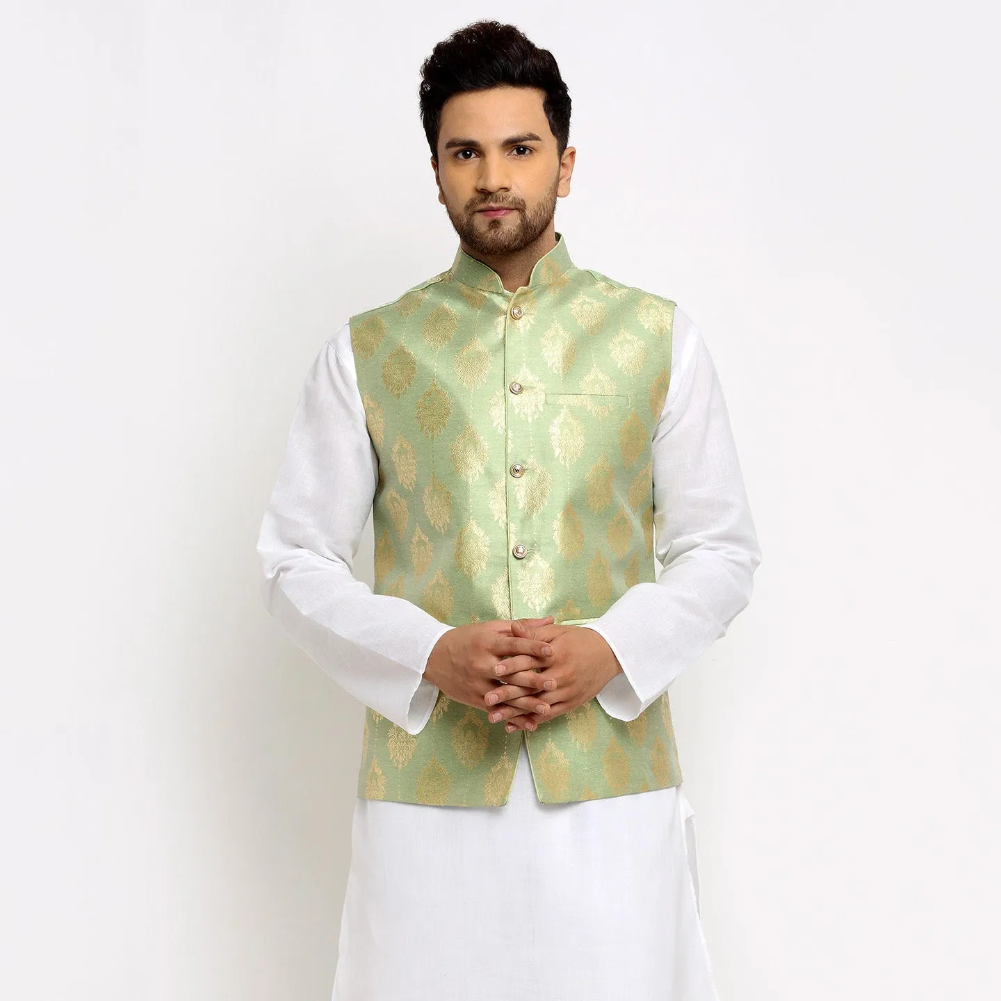 New Designer Men Tea  Green Brocade Nehru Jacket With Golden Work By Treemoda