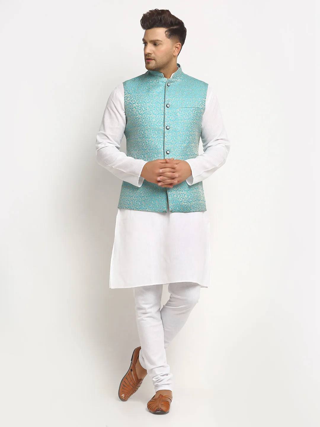 New Designer Men Turquoise Blue Brocade Nehru Jacket By Treemoda