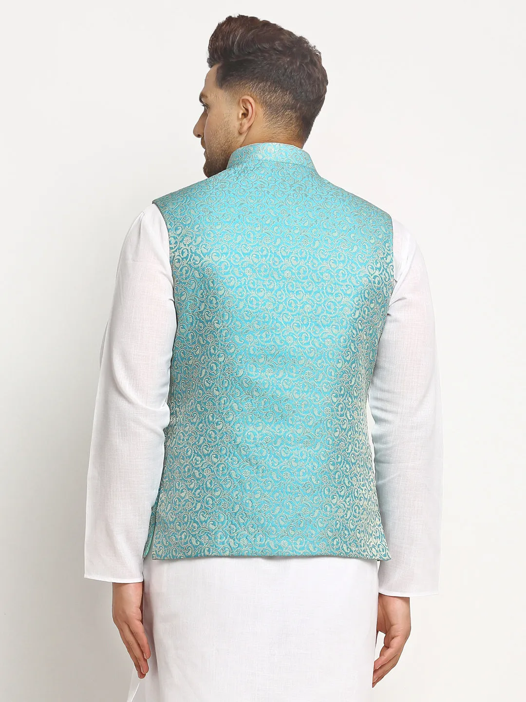 New Designer Men Turquoise Blue Brocade Nehru Jacket By Treemoda