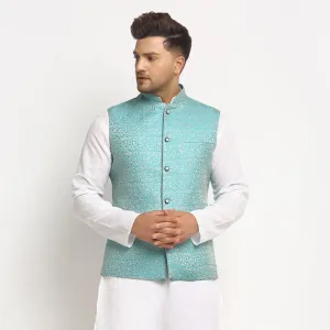 New Designer Men Turquoise Blue Brocade Nehru Jacket By Treemoda