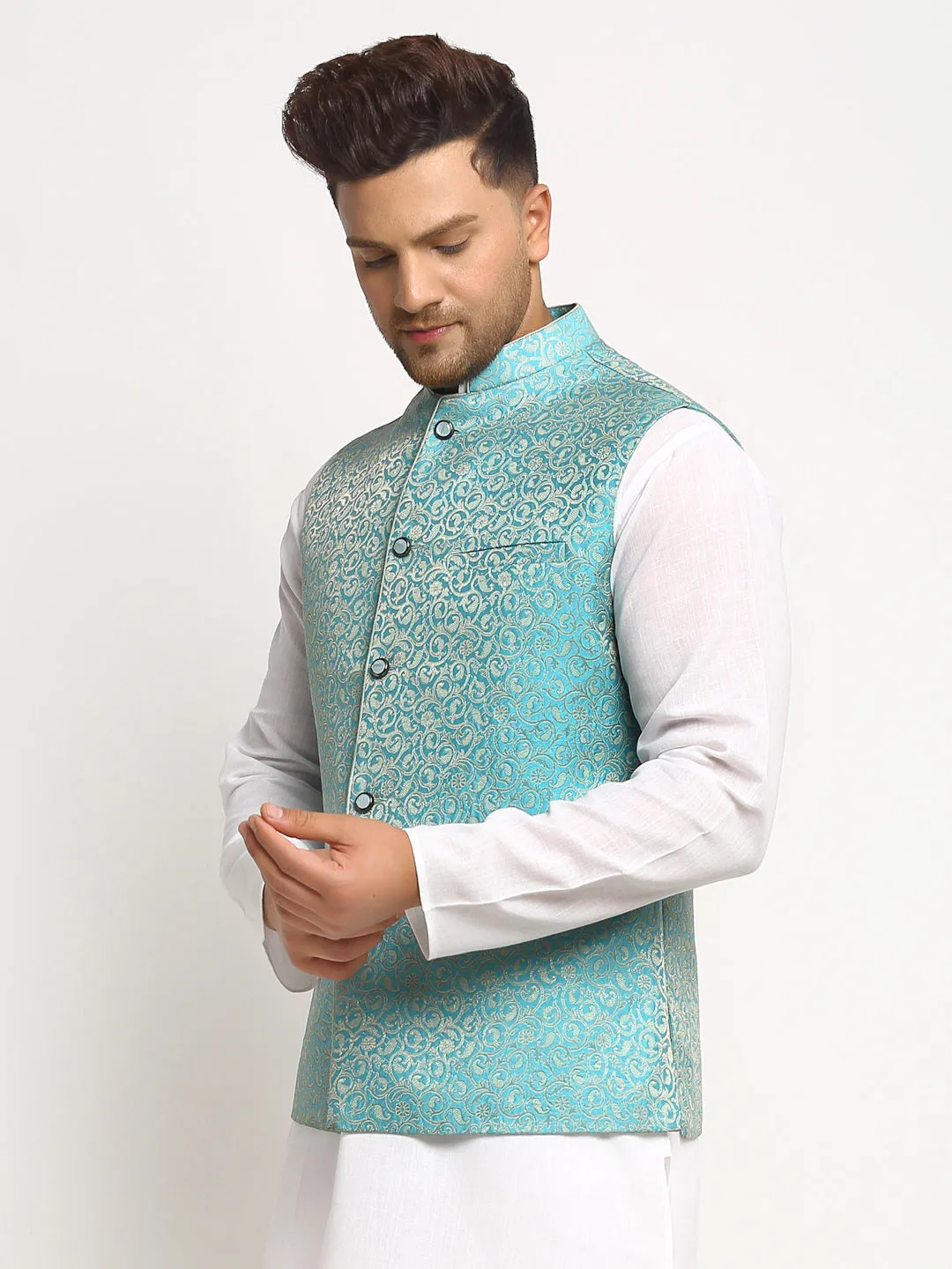New Designer Men Turquoise Blue Brocade Nehru Jacket By Treemoda