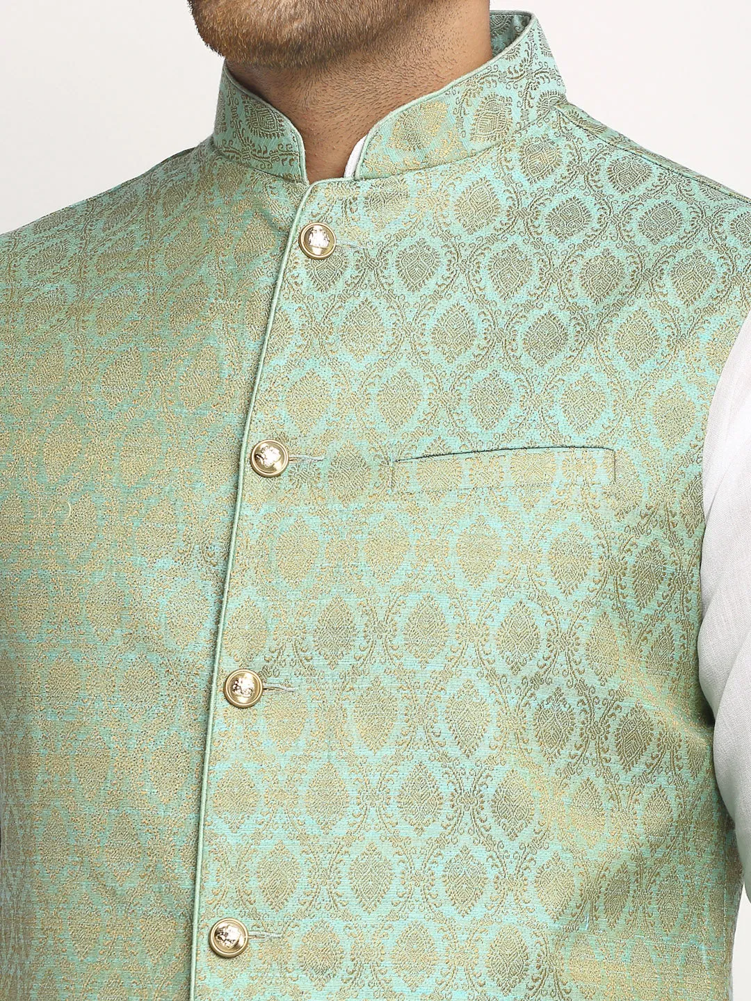 New Designer Men Turquoise Green Brocade Nehru Jacket With Golden Work By Treemoda