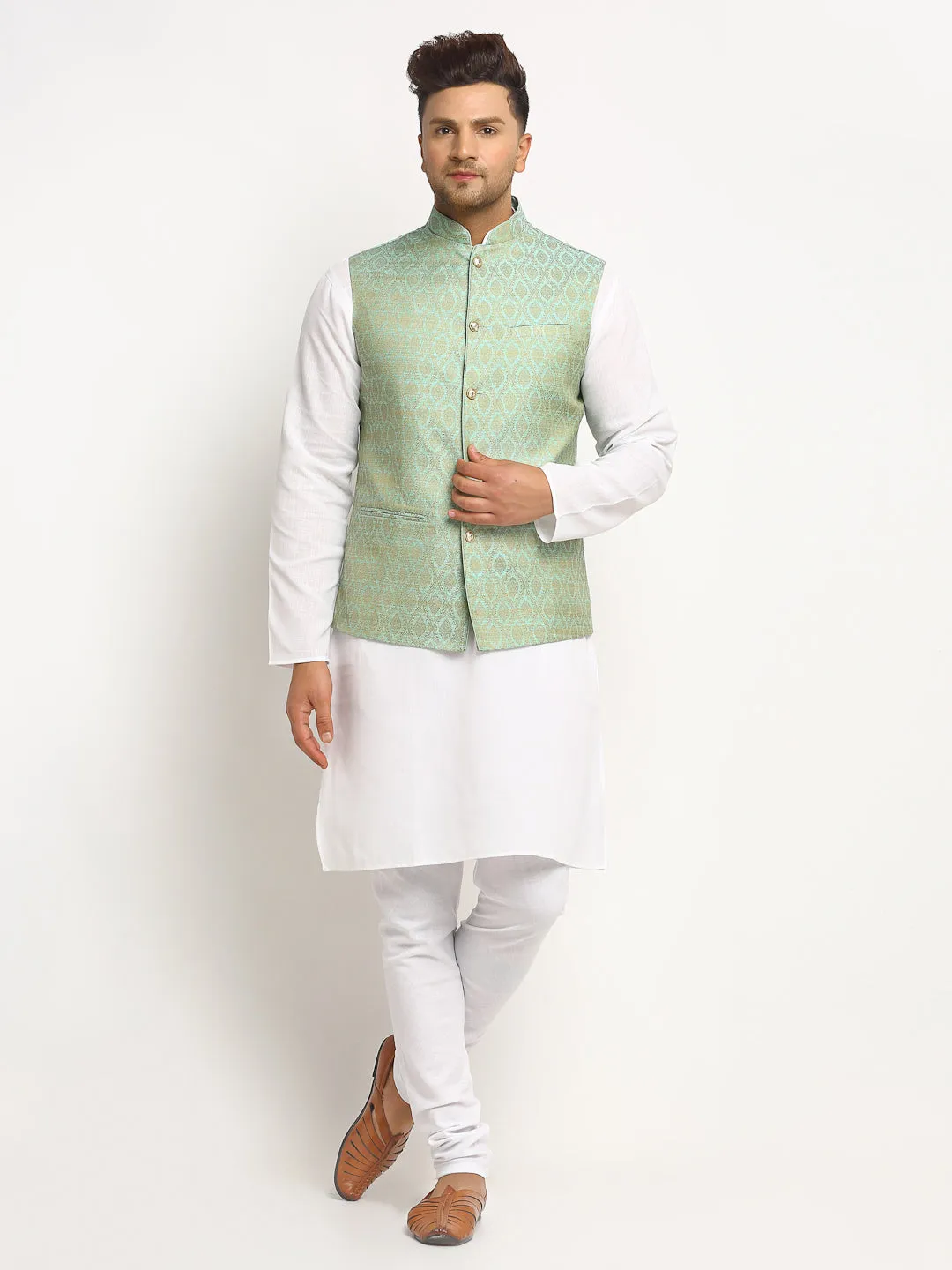 New Designer Men Turquoise Green Brocade Nehru Jacket With Golden Work By Treemoda
