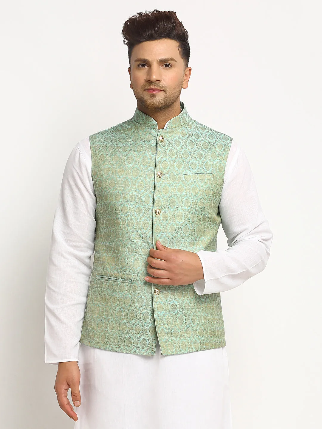 New Designer Men Turquoise Green Brocade Nehru Jacket With Golden Work By Treemoda