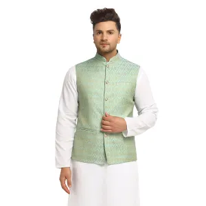 New Designer Men Turquoise Green Brocade Nehru Jacket With Golden Work By Treemoda
