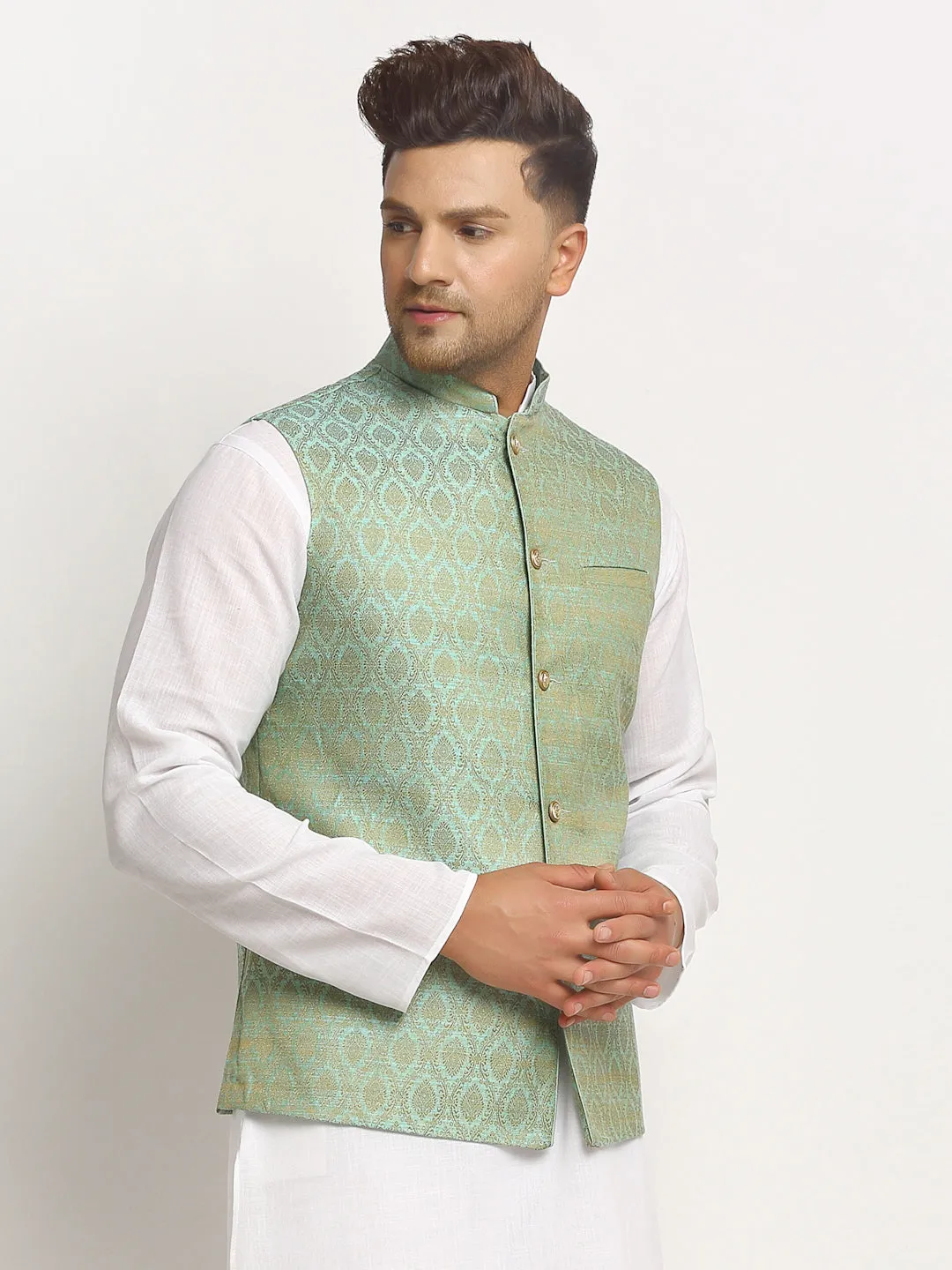 New Designer Men Turquoise Green Brocade Nehru Jacket With Golden Work By Treemoda