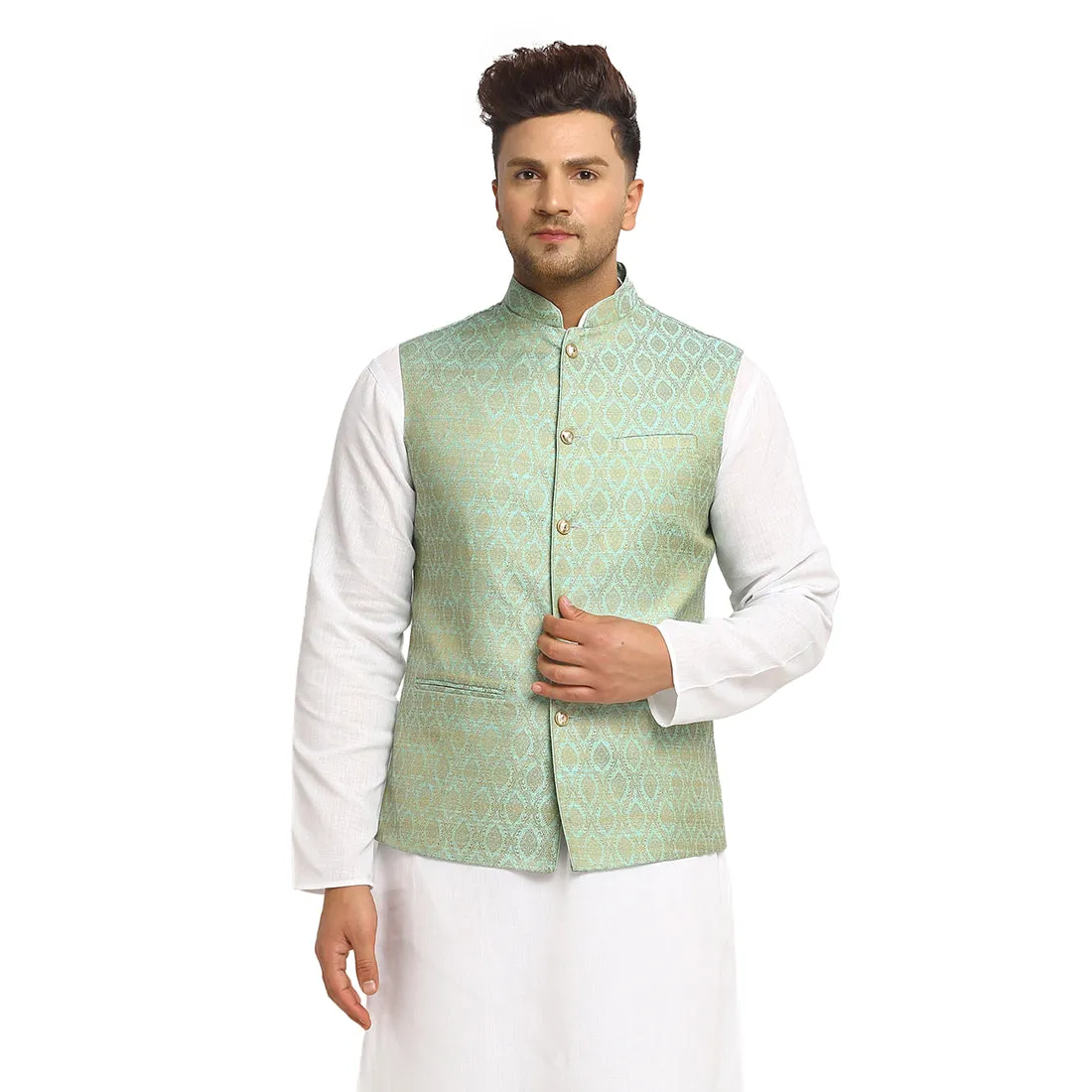 New Designer Men Turquoise Green Brocade Nehru Jacket With Golden Work By Treemoda