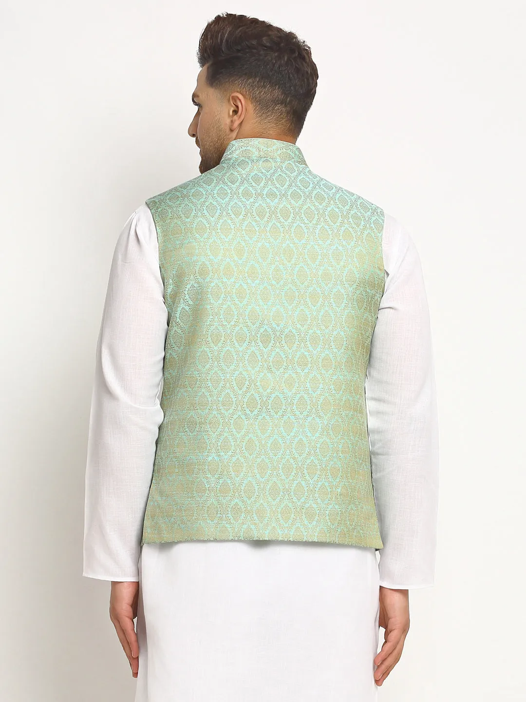New Designer Men Turquoise Green Brocade Nehru Jacket With Golden Work By Treemoda