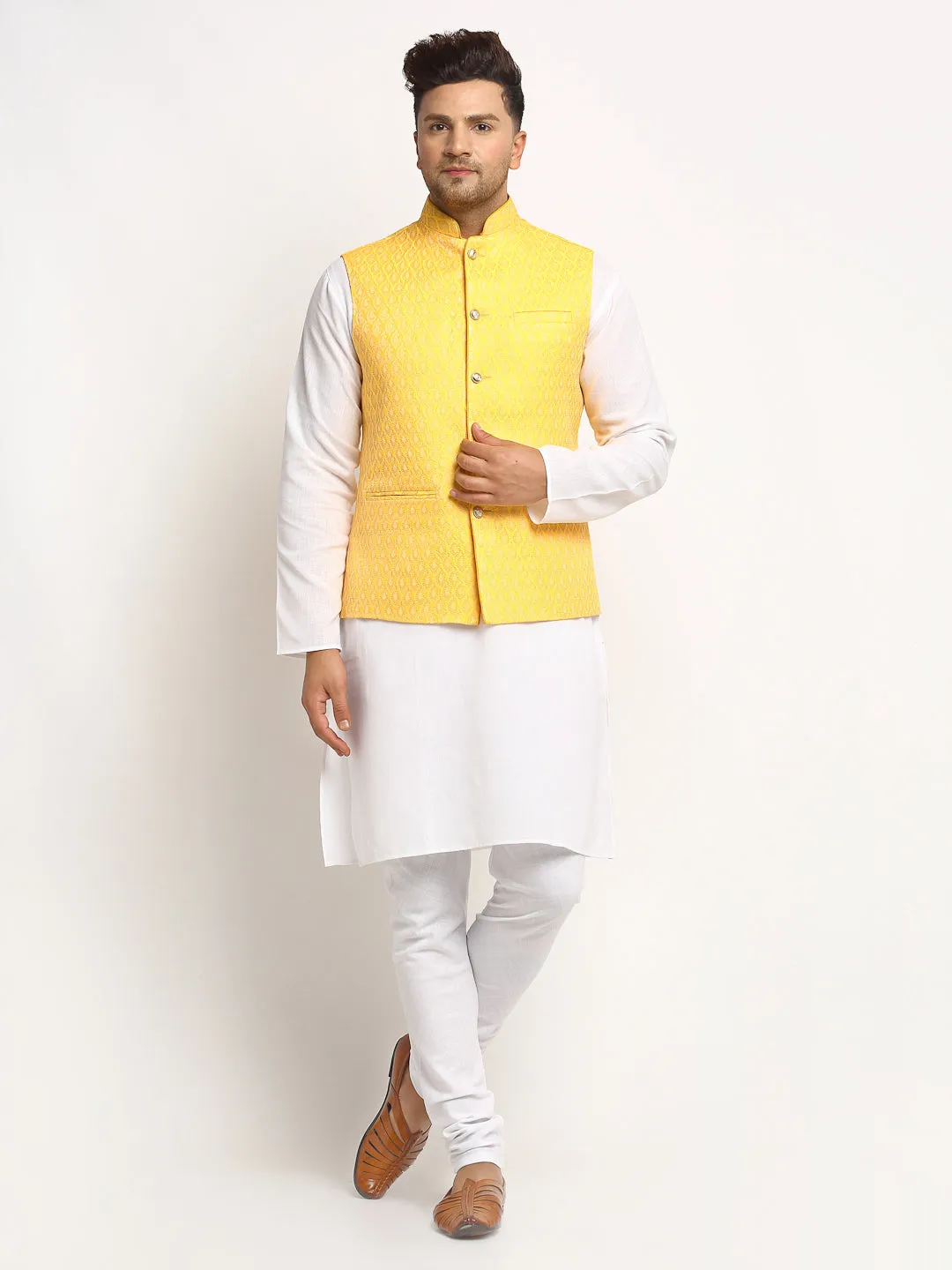 New Designer Men Yellow Brocade Nehru Jacket With Golden Work By Treemoda