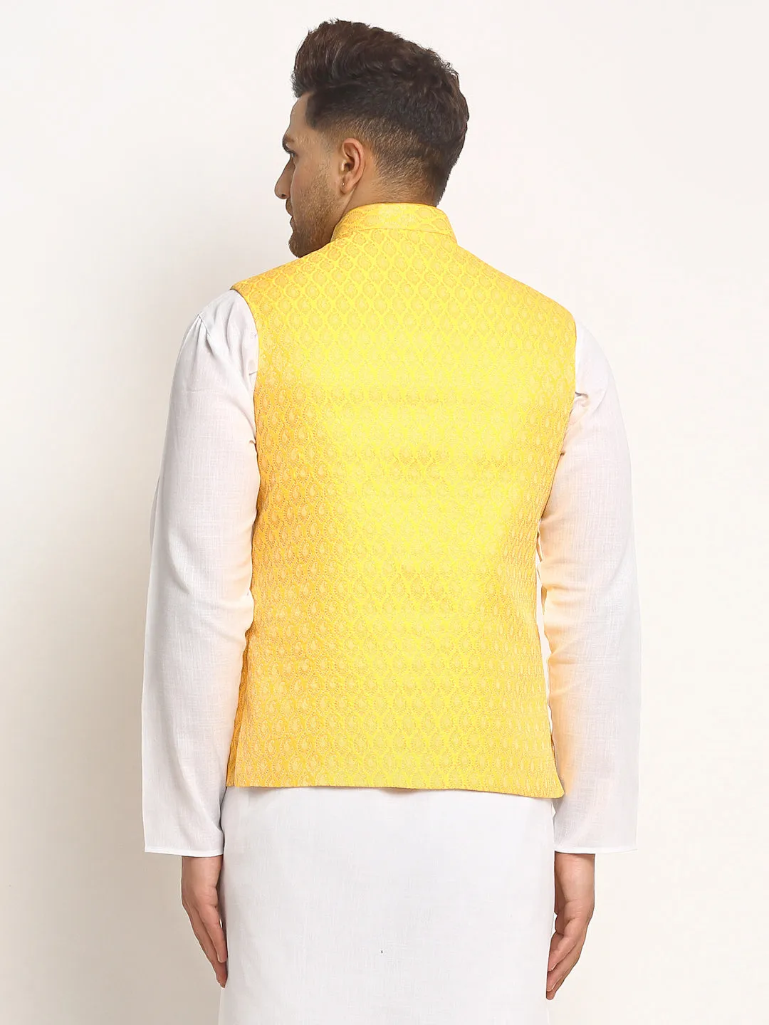 New Designer Men Yellow Brocade Nehru Jacket With Golden Work By Treemoda