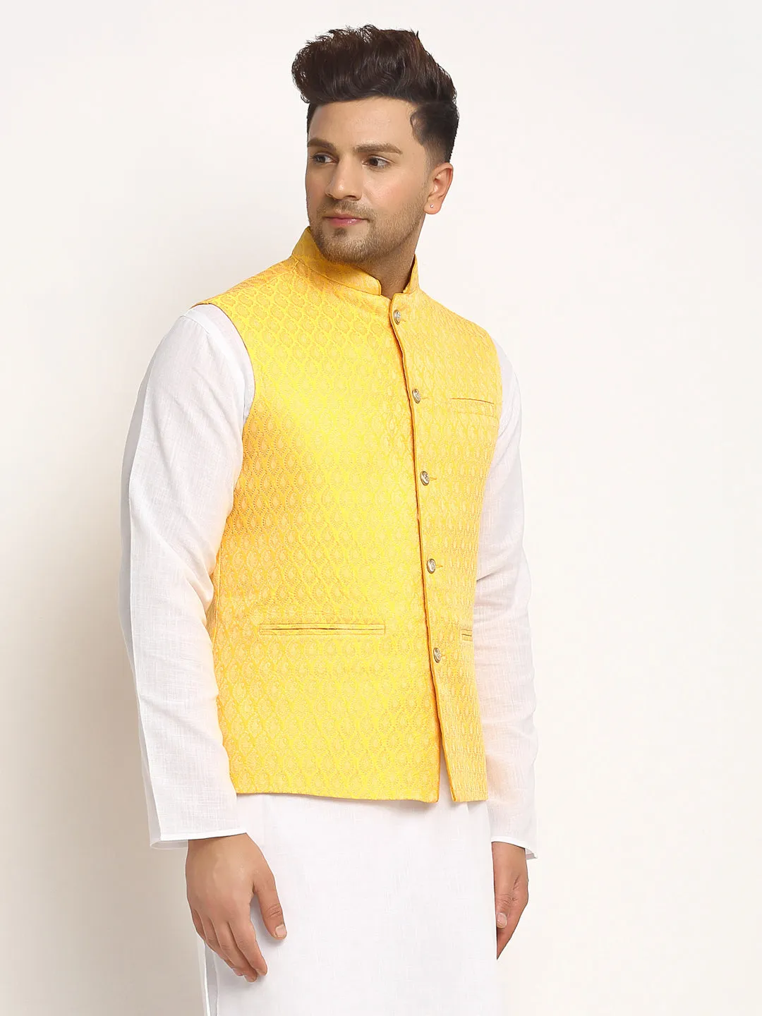 New Designer Men Yellow Brocade Nehru Jacket With Golden Work By Treemoda