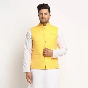 New Designer Men Yellow Brocade Nehru Jacket With Golden Work By Treemoda