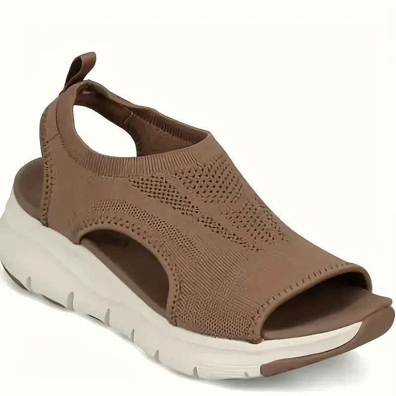 NEW Women's Knitted Wedge Sandals, Peep Toe Cut Out Slip On Shoes, Outdoor Sports Sandals,  Dark Brown, Sz 8.5