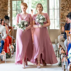 Newest V-neck Short Sleeve Dusty Pink Chiffon Long Cheap Bridesmaid Dresses, BDS0129