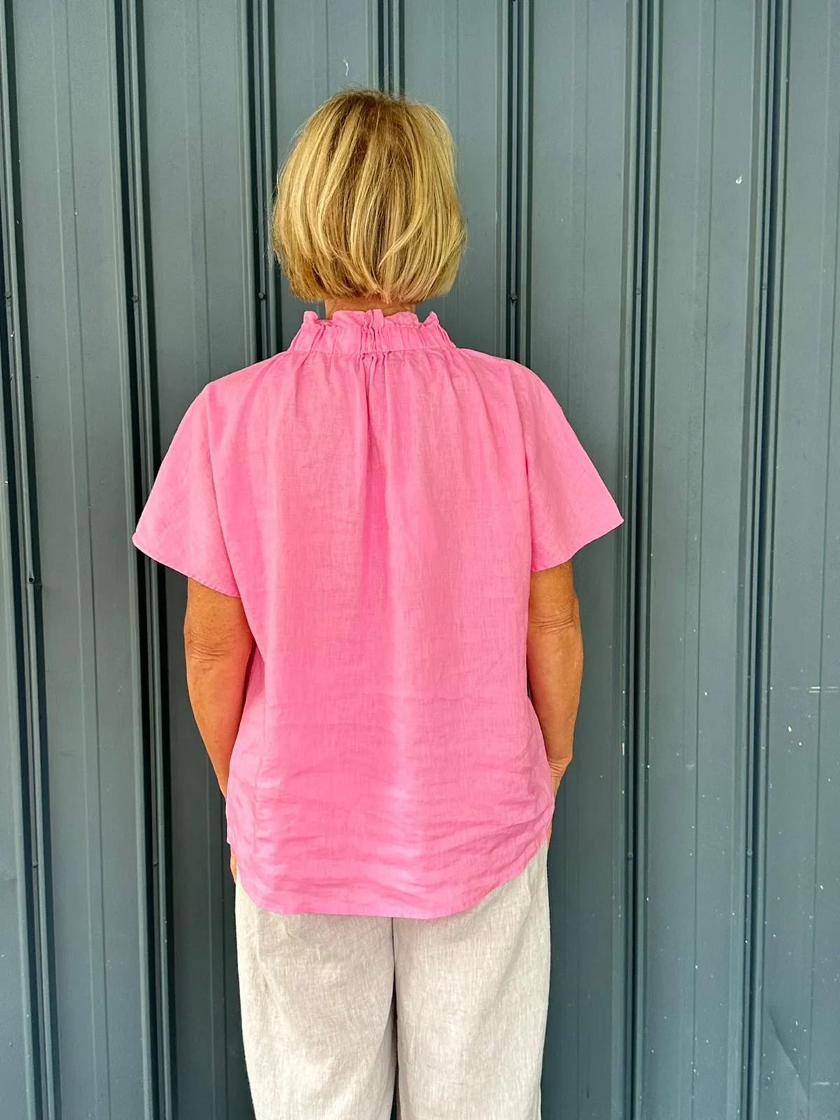 Nora Linen Ruffle Blouse - Bubblegum