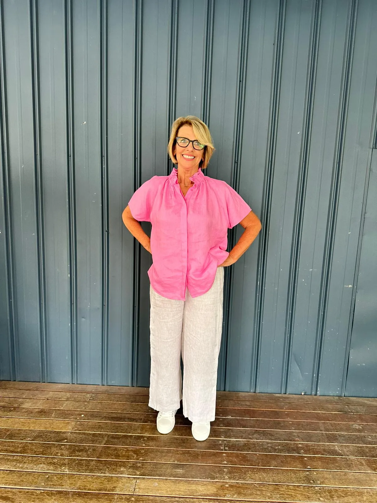 Nora Linen Ruffle Blouse - Bubblegum