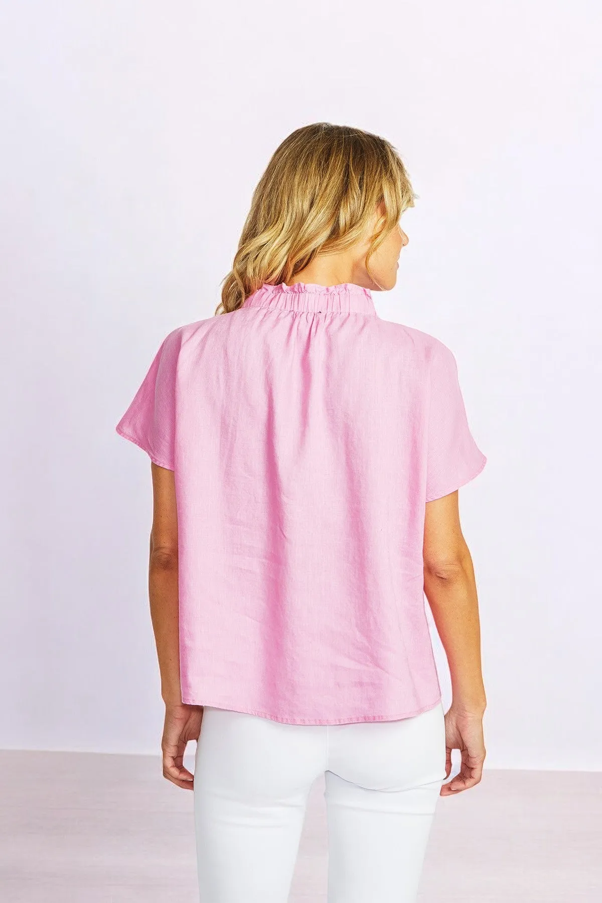 Nora Linen Ruffle Blouse - Bubblegum