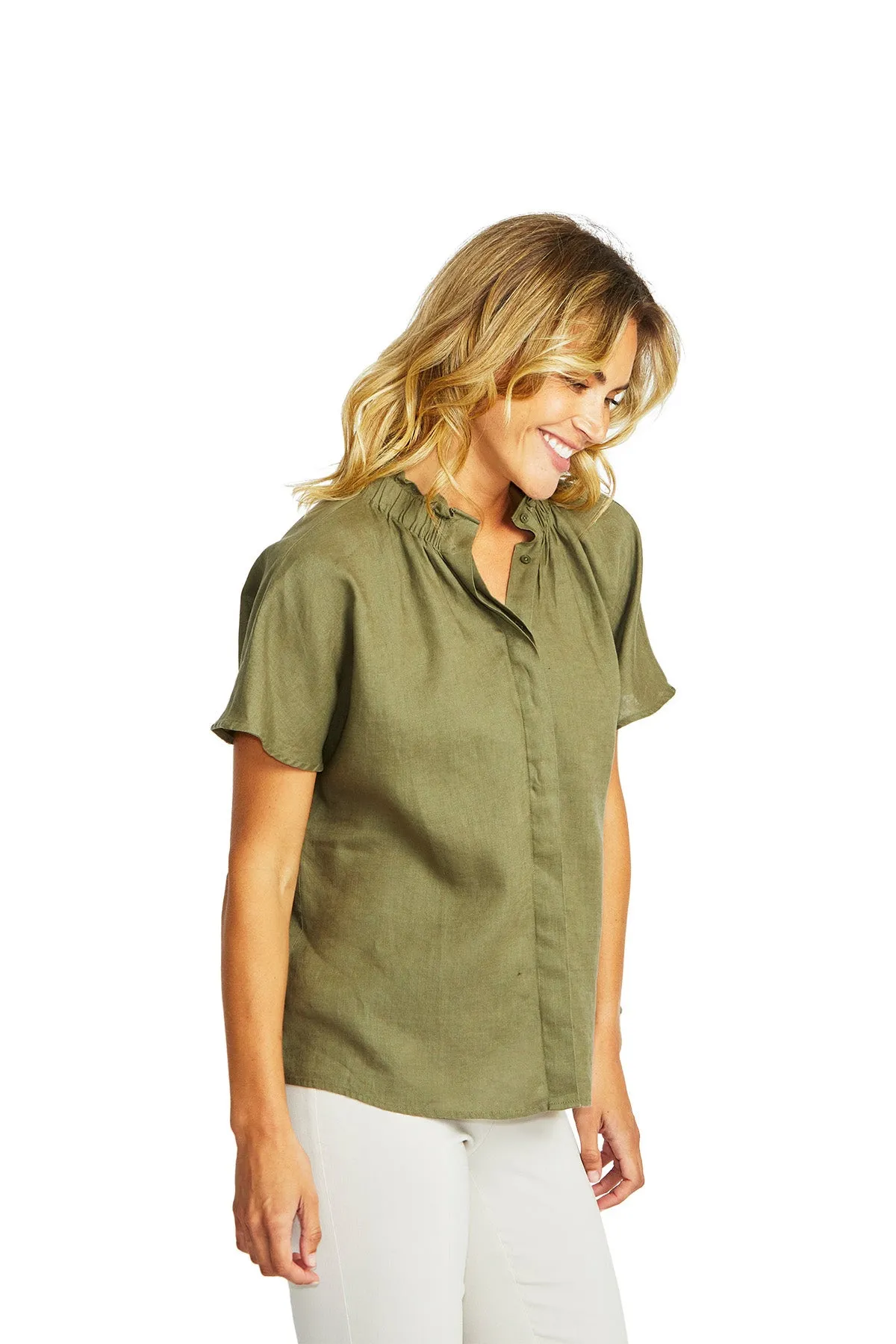 Nora Linen Ruffle Blouse - Khaki