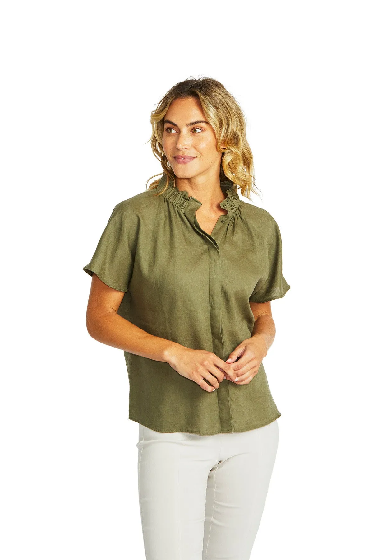 Nora Linen Ruffle Blouse - Khaki