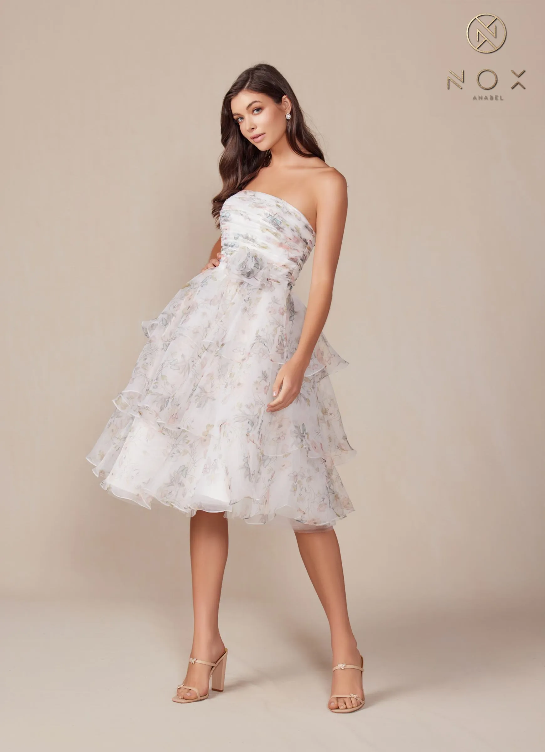 Nox Anabel Q842 Floral Print A-Line Tea Length Dress