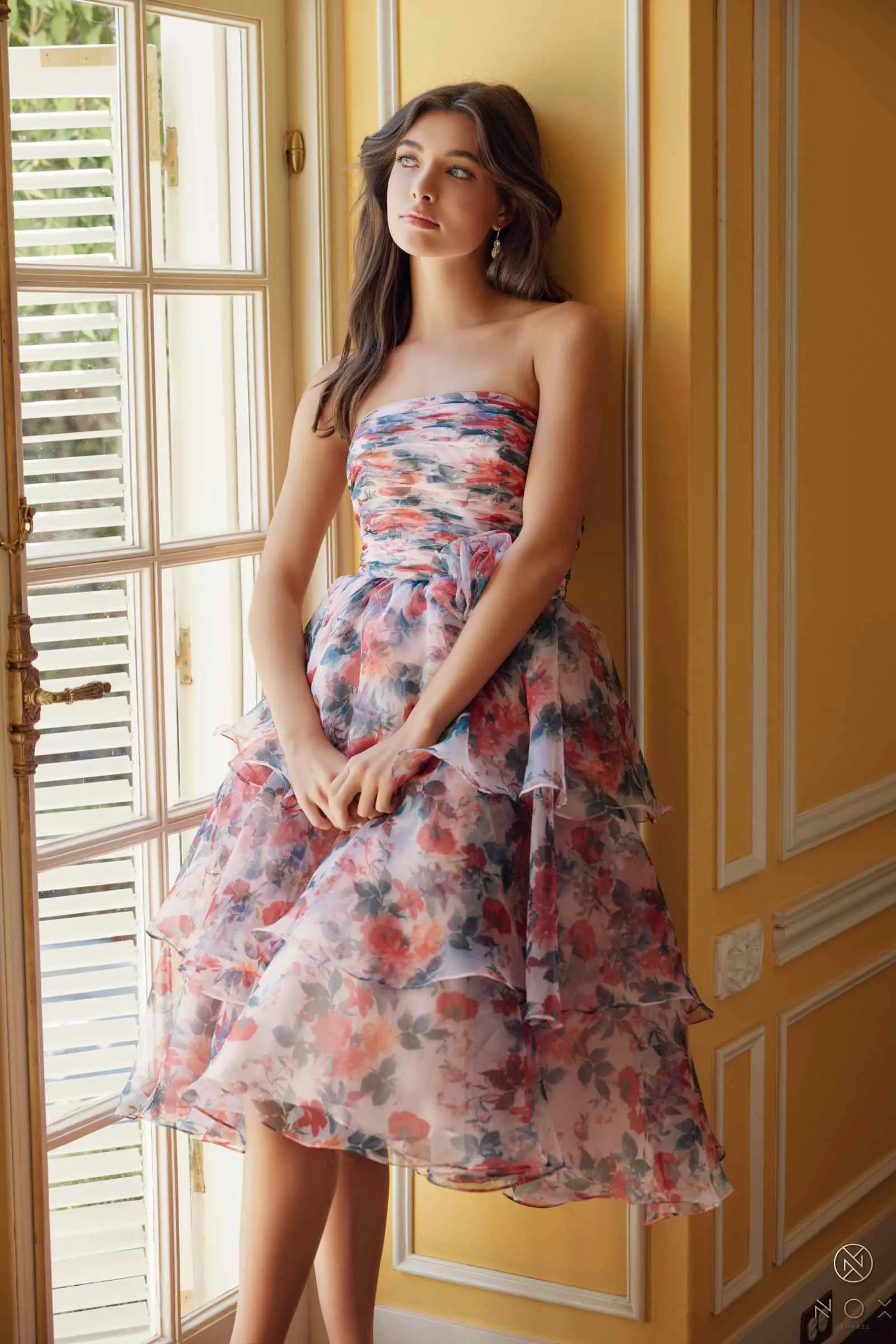 Nox Anabel Q842 Floral Print A-Line Tea Length Dress