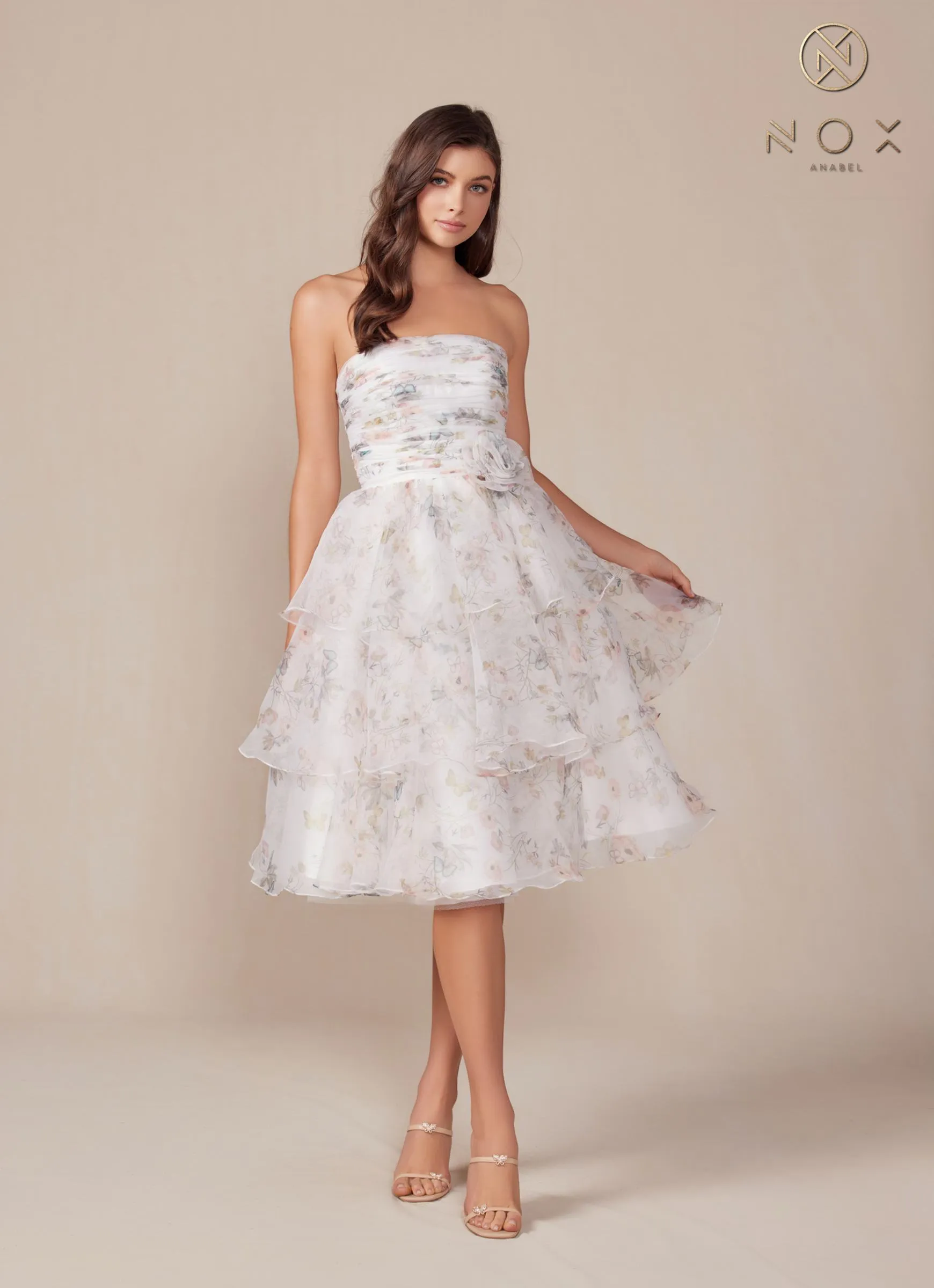 Nox Anabel Q842 Floral Print A-Line Tea Length Dress
