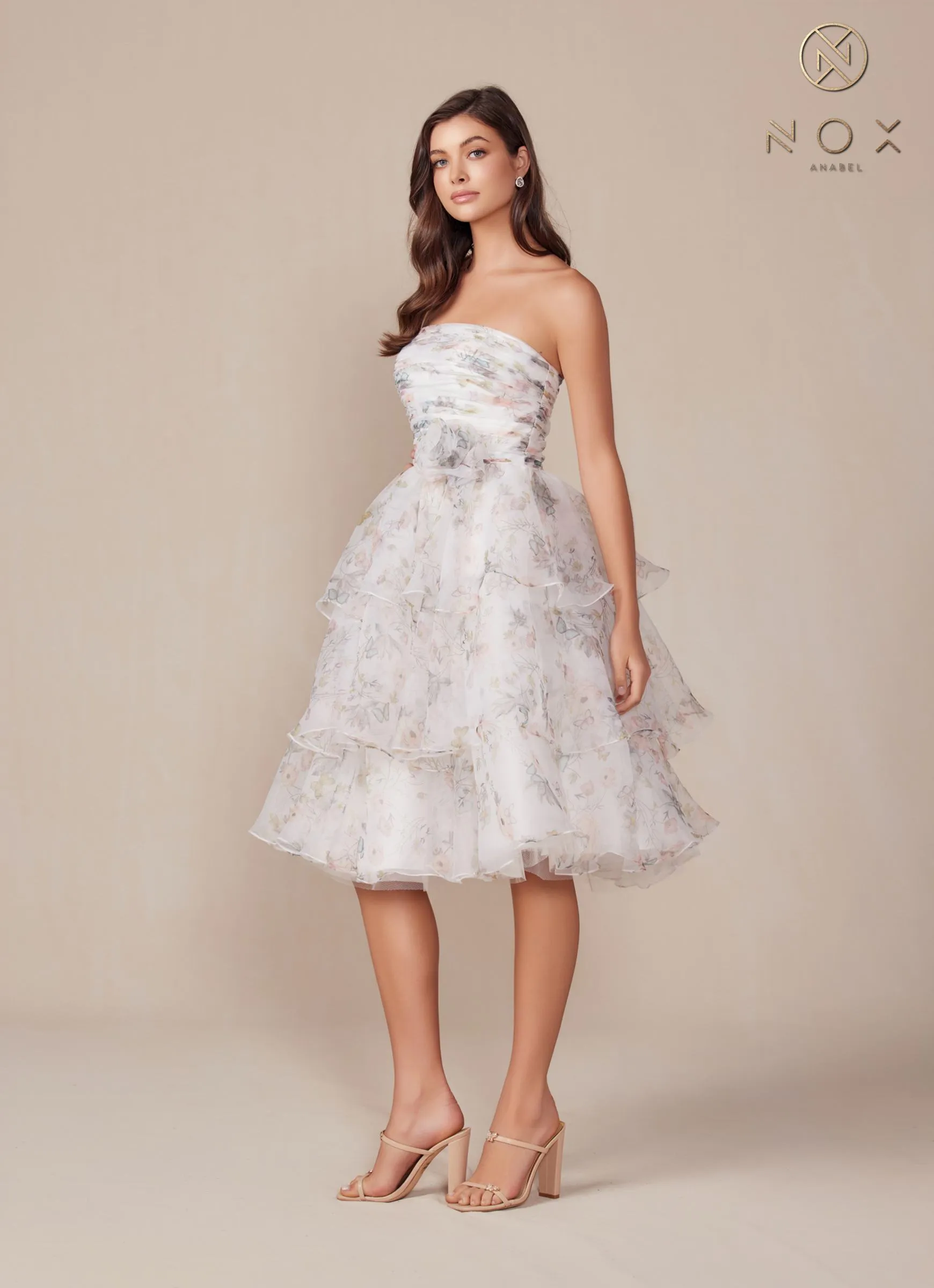 Nox Anabel Q842 Floral Print A-Line Tea Length Dress