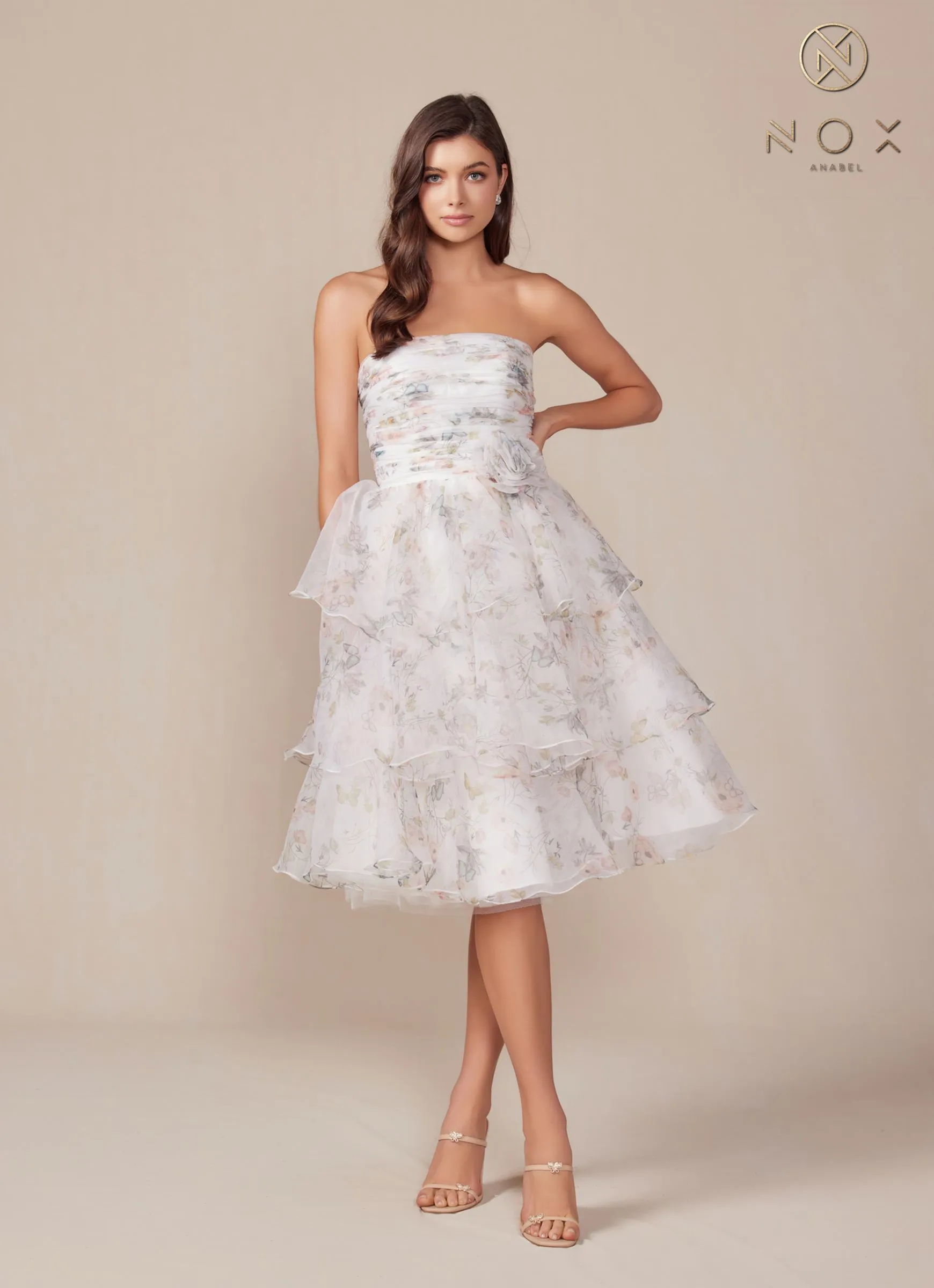 Nox Anabel Q842 Floral Print A-Line Tea Length Dress