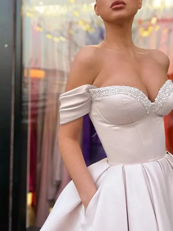 Off Shoulder Pink Satin Tea Length Prom Dresses with Sequins, Off the Shoulder Pink Formal Graduation Evening Dresses
