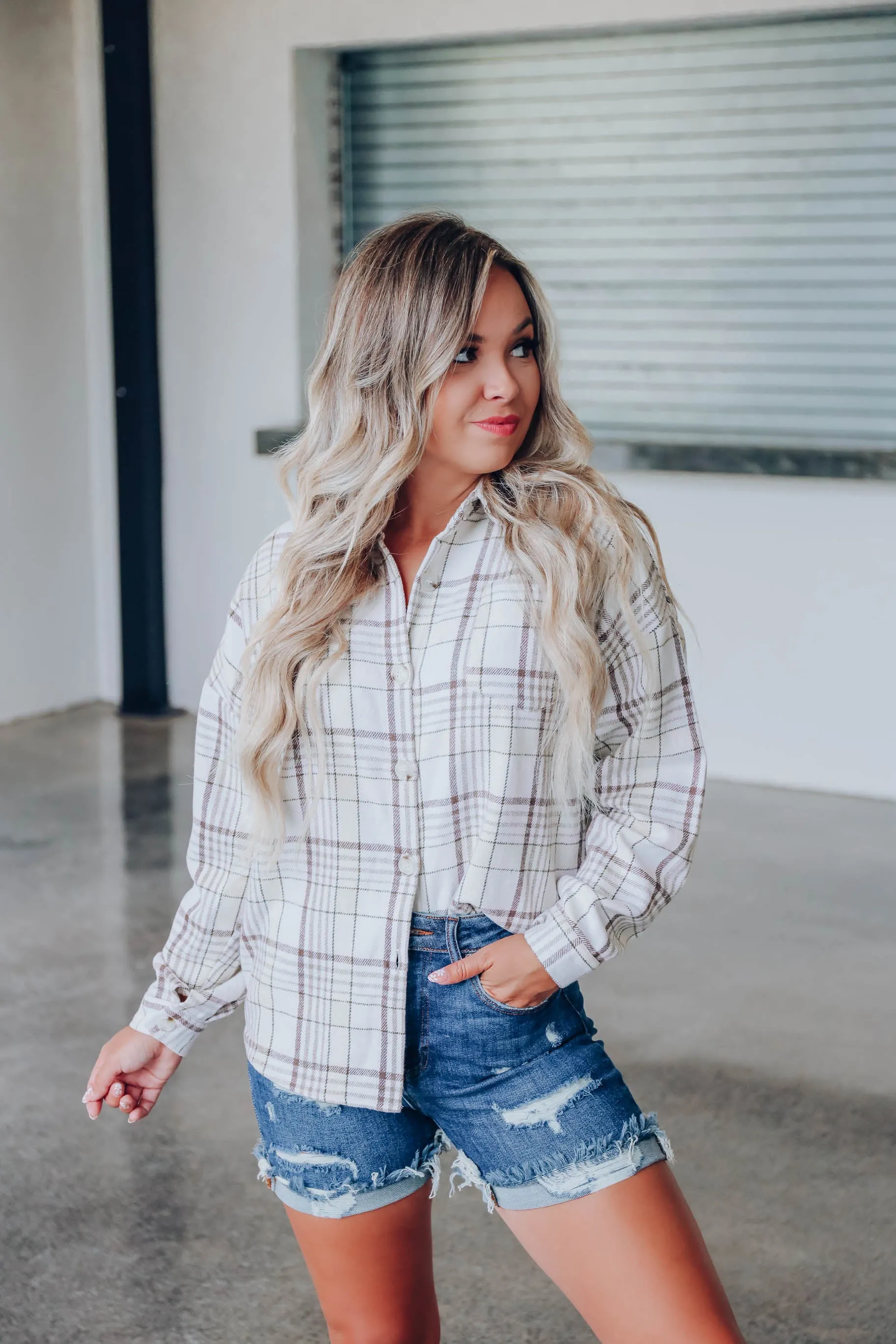 Oh So Trendy Plaid Flannel - Beige