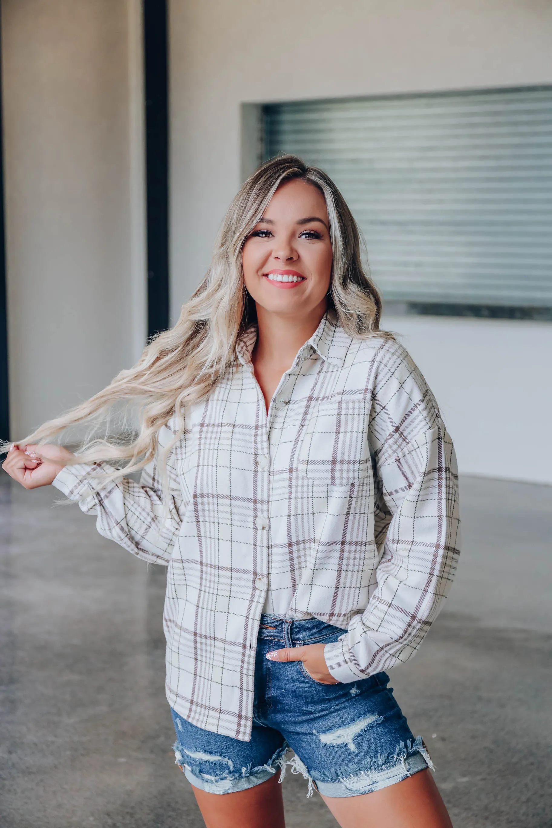 Oh So Trendy Plaid Flannel - Beige