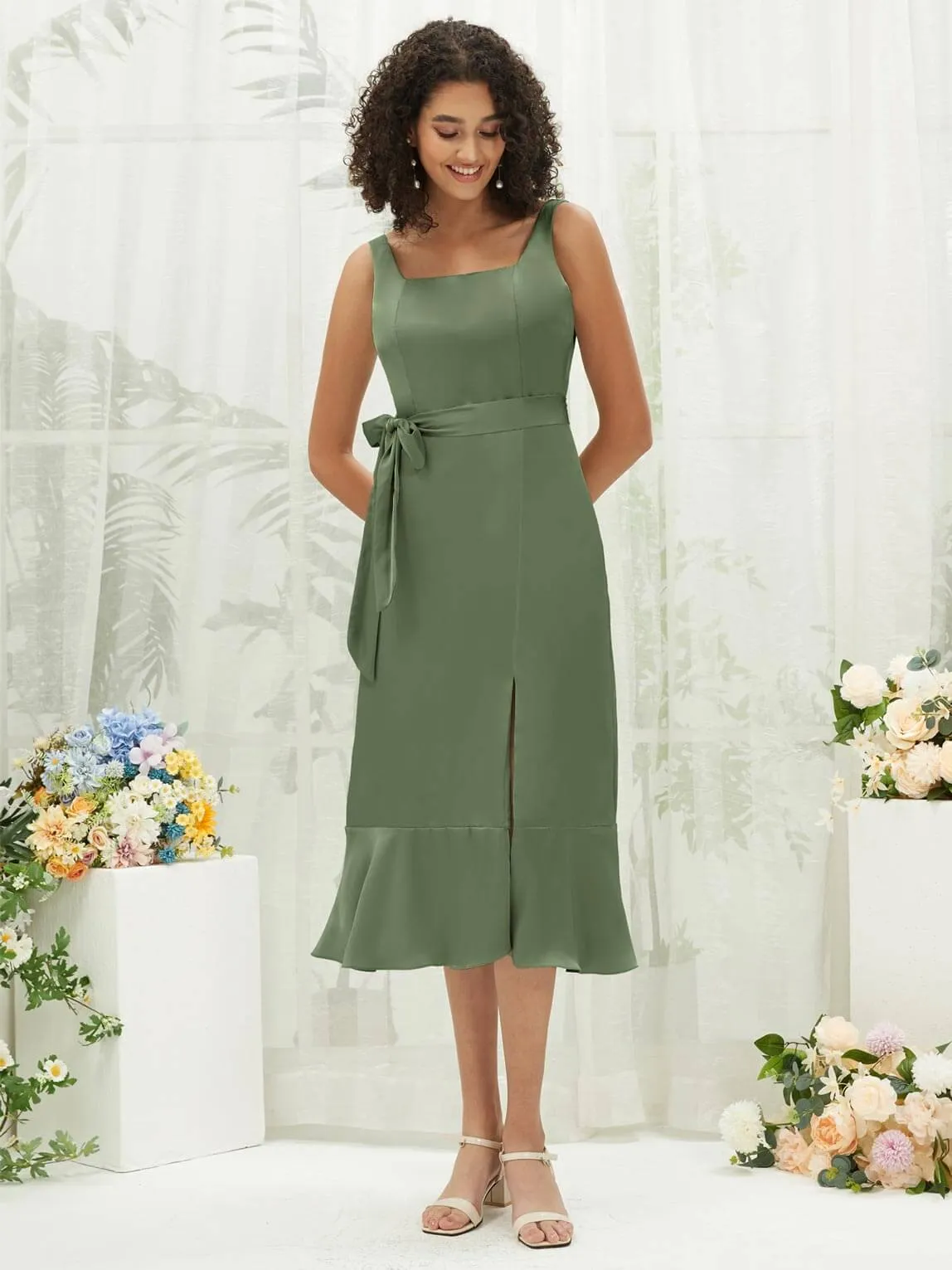 Olive Silk Satin Square Neck Slit Tea Length Convertible Bridesmaid Dresses