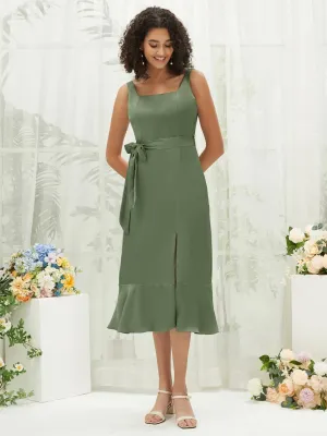 Olive Silk Satin Square Neck Slit Tea Length Convertible Bridesmaid Dresses