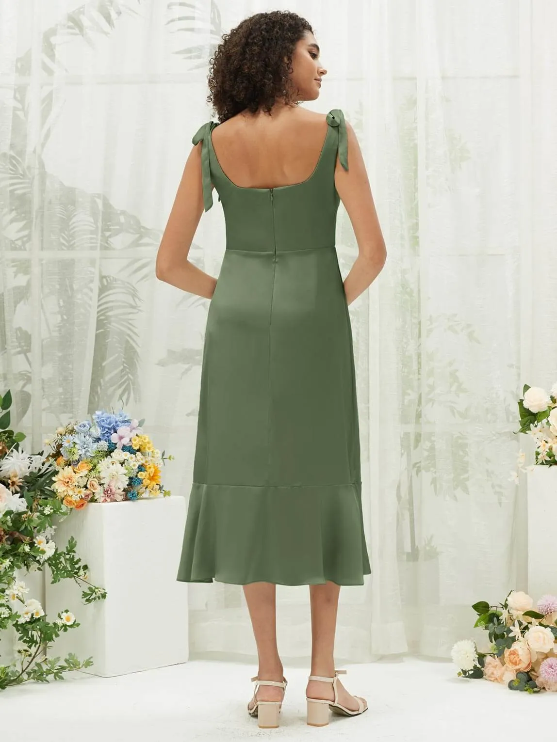 Olive Silk Satin Square Neck Slit Tea Length Convertible Bridesmaid Dresses