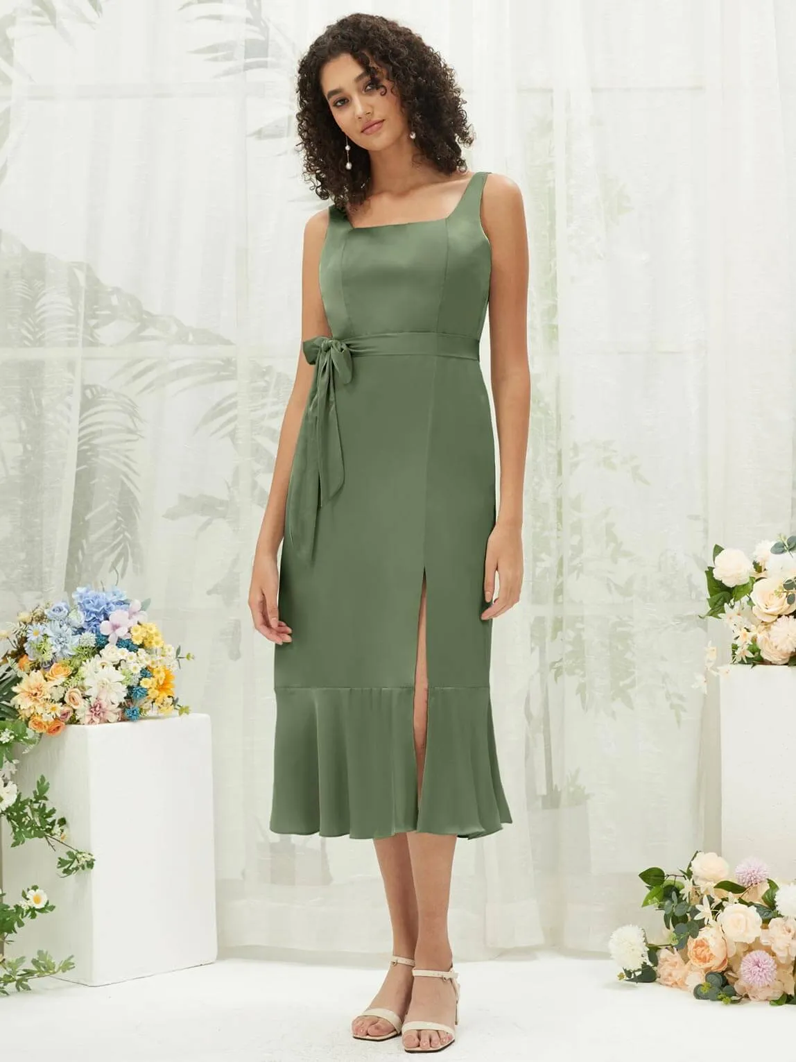 Olive Silk Satin Square Neck Slit Tea Length Convertible Bridesmaid Dresses